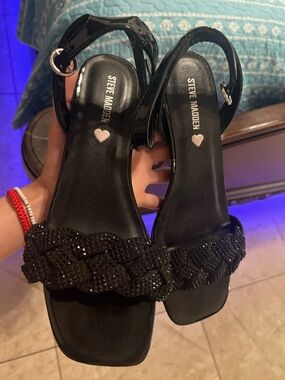 Steve Madden Black Braided Beaded Strap Sandals with Ankle Buckle
